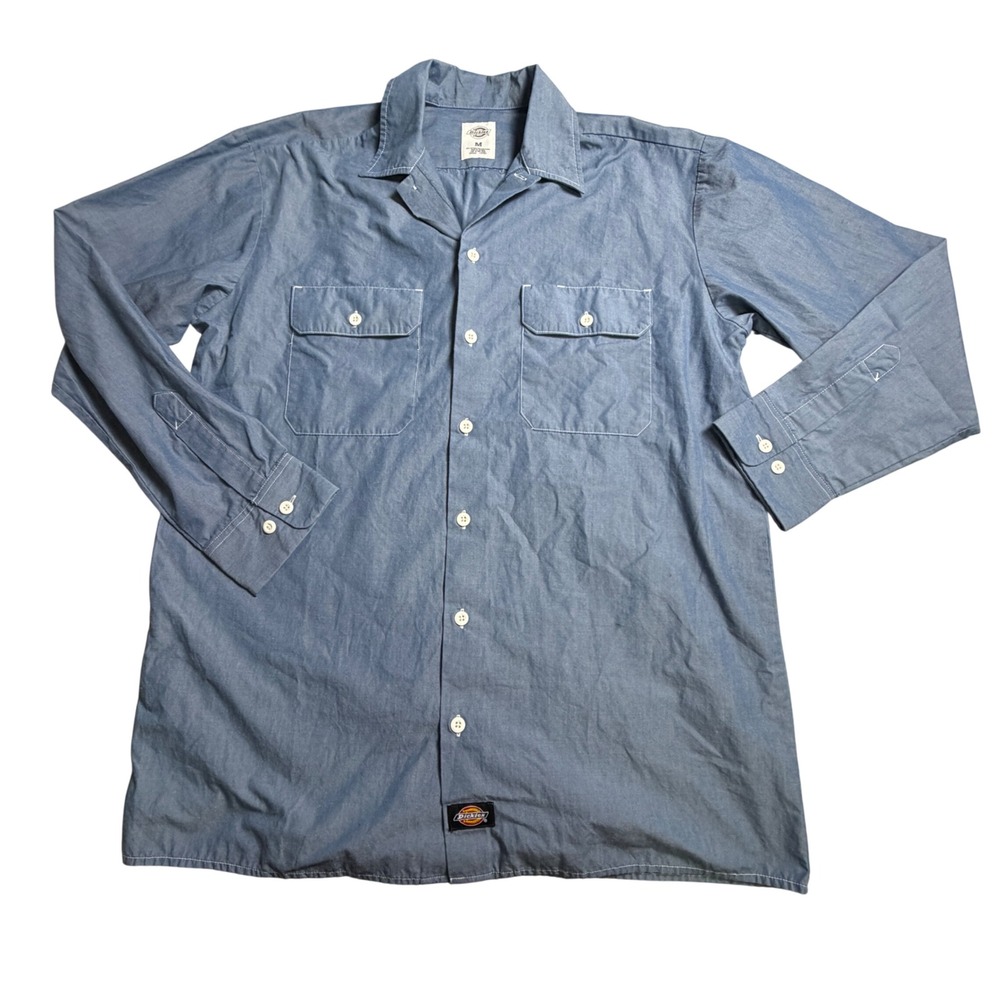 Dickies Work Shirt Mens Medium Blue Long Sleeve Button Up Pockets Excellent